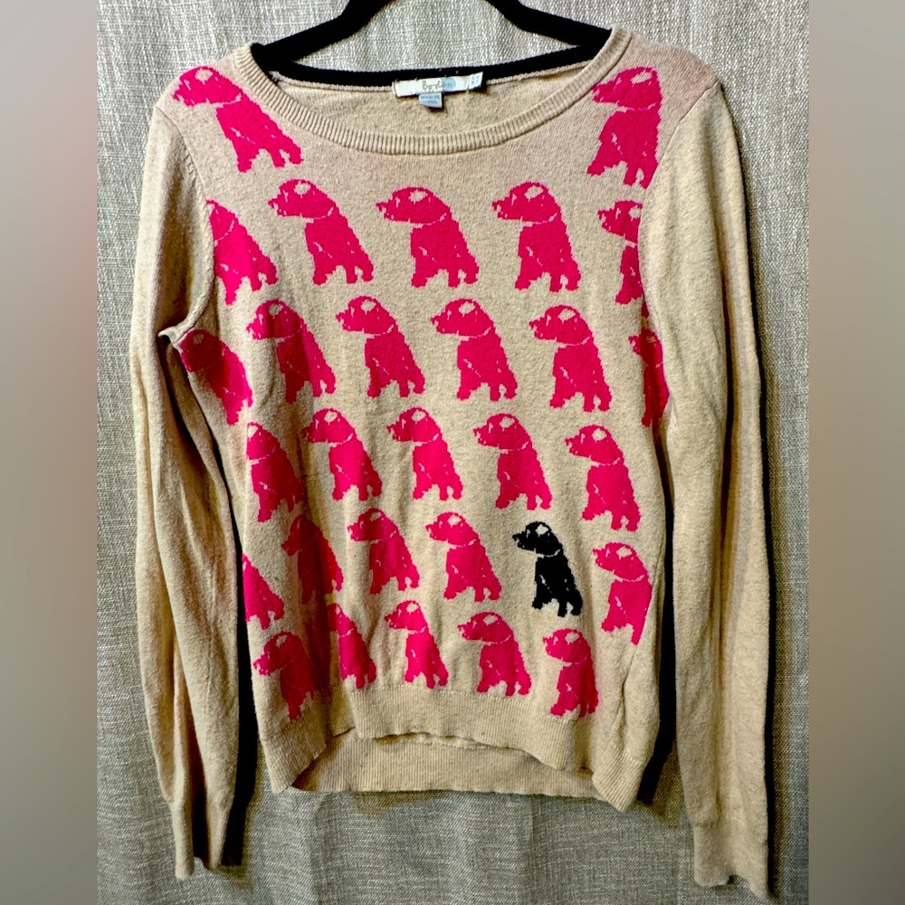 Boden Beige Crewneck Sweater with Pink Dog Pattern